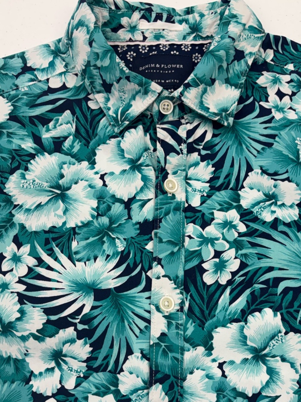 DENIM & FLOWER HAWAIIAN TROPICAL SHIRT MEN SLIM MEDIUM  TURQUOISE WHITE FLOWERS